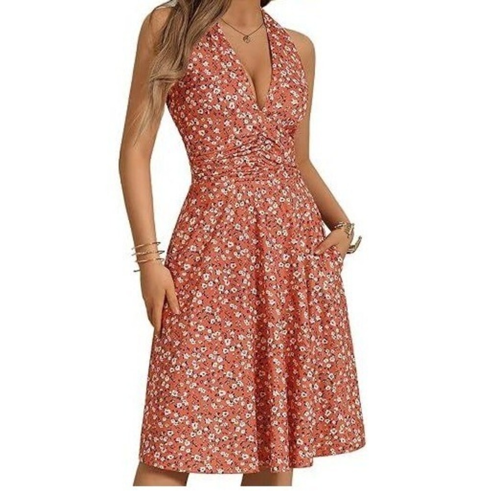 HUHOT Halter Dress Floral Ruched Summer Casual Sundress Pink White L